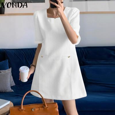 Women Elegant Square Collar Short Sleeve Texture Casual Mini Dress