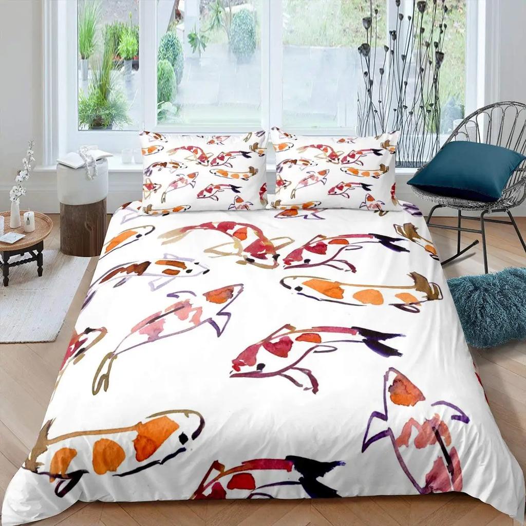 Japanese Goldfish Duvet Cover Set Fantasy Yin Yang Cherry Blossom Flowers Comforter Cover Set Blue Sea Wave Breathable Bedding