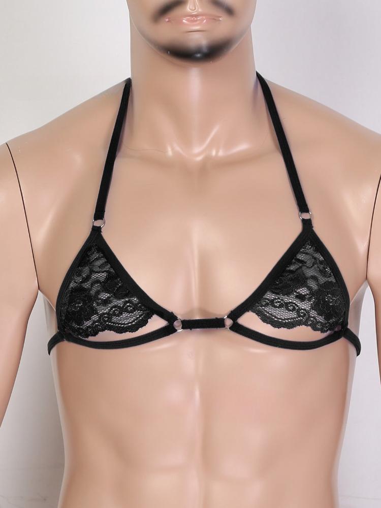 Men Sissy Lace Hollow Cup Mini Bra Sheer Bralette Tops Crossdresser Underwear Pseudo-Girl Gay Strap Girly Halter Sexy Lingerie