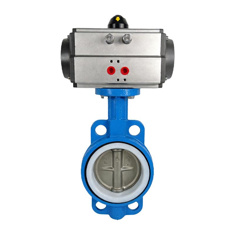Pneumatic PTFE Butterfly Valve, 304 Valve Plate, Wafer Type, Ductile Iron Body, Sizes DN100, DN200, DN300.