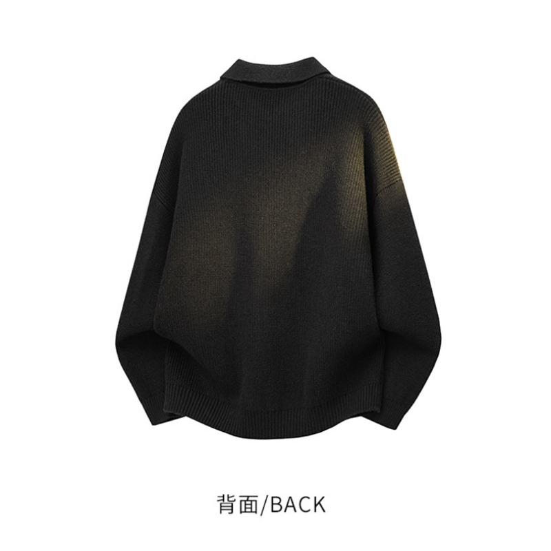 Men Casual Business Loose Long Sleeve Turn Down Collar V Neck Knit Polo Sweater