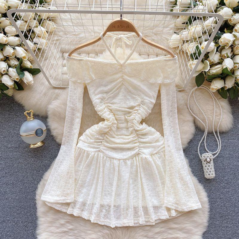 

off-Shoulder off-Shoulder Collar Long-Sleeved, Slim-Fit, Short Dress Apricot L