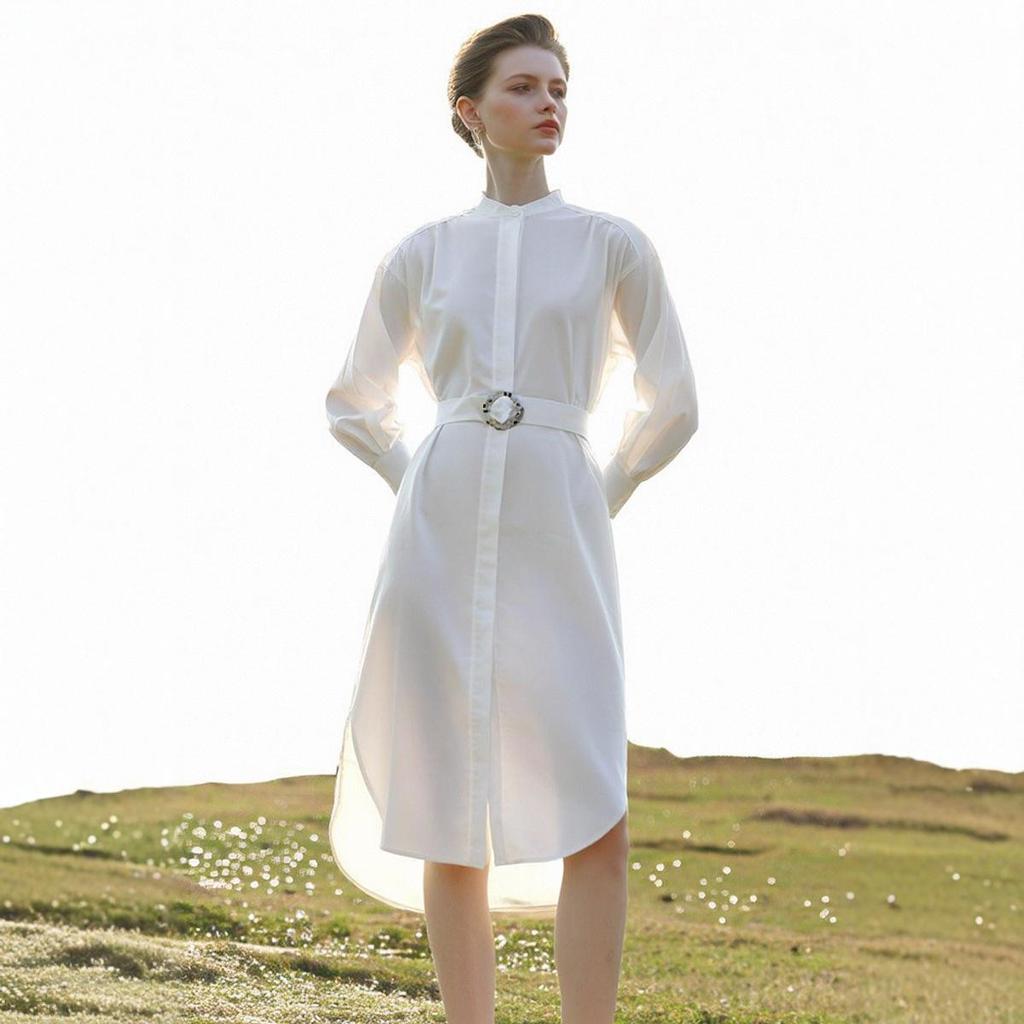 Wei Mei 100% Cotton Waist-Cinching Slimming Long-Sleeve Dress for Women - Autumn Collection