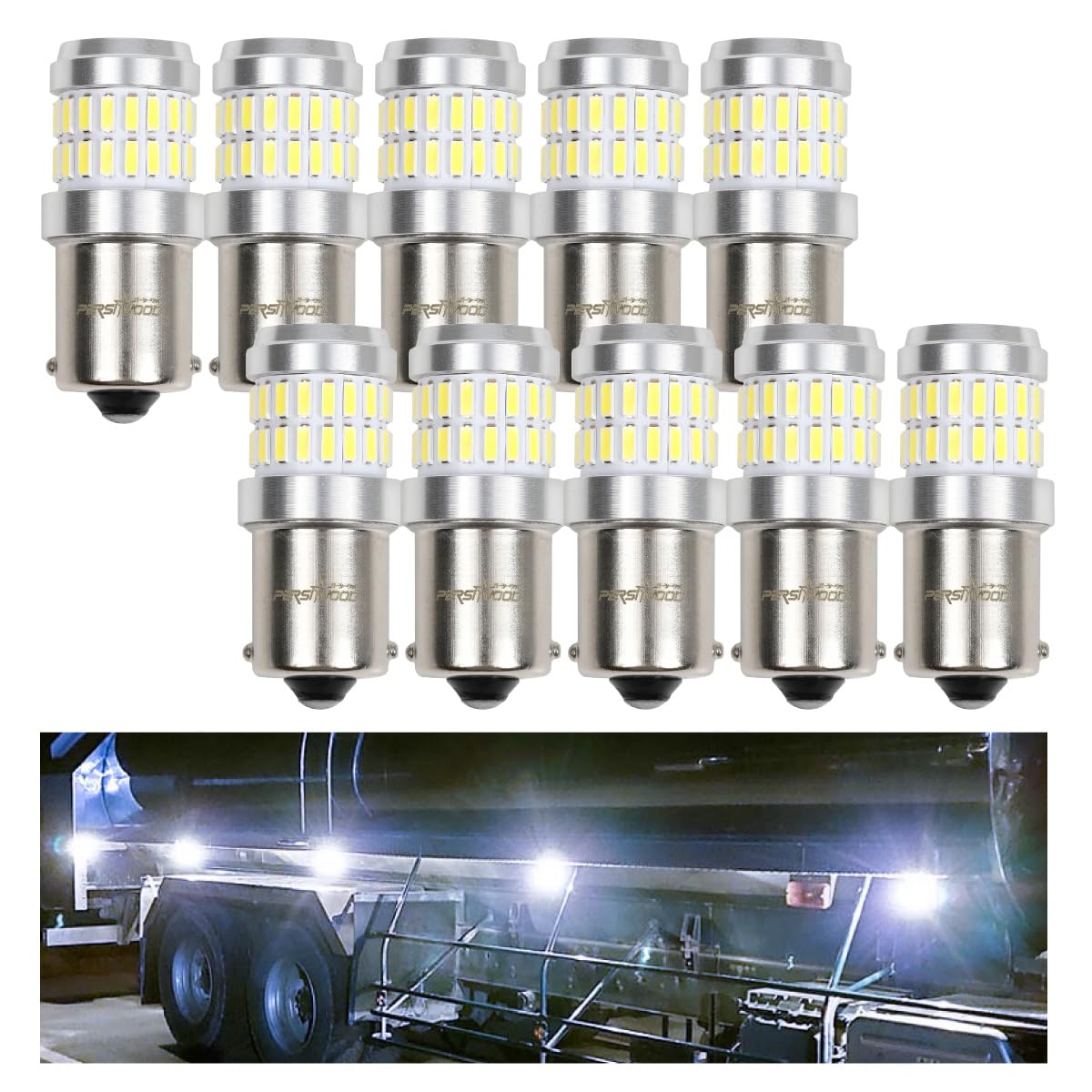 

Persi Wood S25 BA15S Одиночный светодиод Белый Упаковка для резервного света, бокового указателя поворота и подсветки номерного знака, Водонепроницаемые фонари 180 градусов, 10, 12В/24В Грузовики,