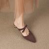 Krazing Pot Suede Butterfly-knot Mules Strange Style Med Heels Summer Size 42 Pointed Toe Slip on Women Shallow Pumps