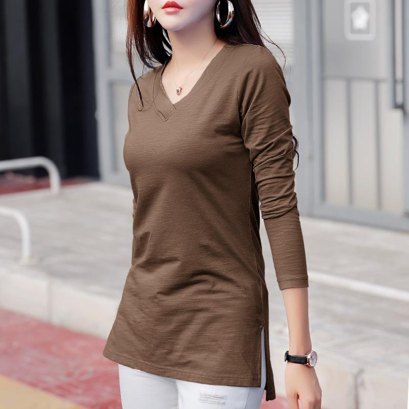 Jarní a podzimní dámská halenka Ležérní Výstřih do V Úzké Tenké Košile se zapínáním na dno střední délky Topy s dlouhým rukávem