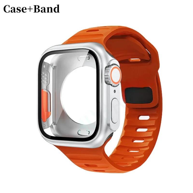 Case+Strap For Apple Watch Band 45mm 44mm 41 42 46mm Smart Silicone Bracelet Iwatch Series 5 6 Se 7 8 9 10 Change To Ultra Case