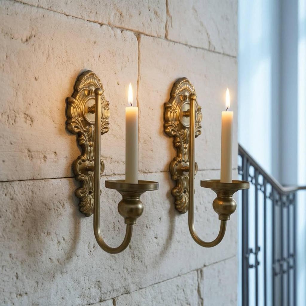 2 Pieces Wall Candle Sconce Vintage-Style with Scrollwork Gold