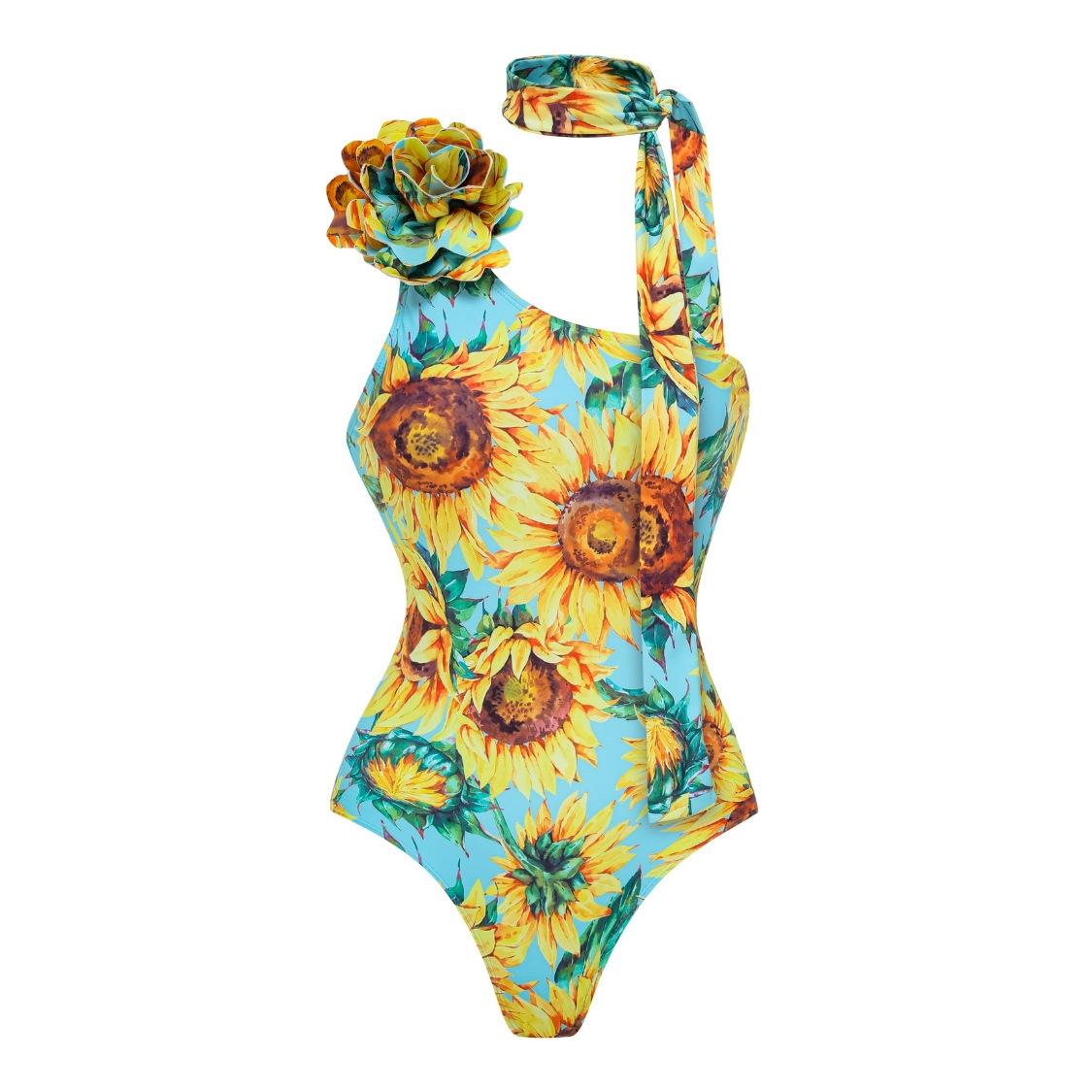 European and American swimwear, sunflower print one-piece swimsuit beach suit S