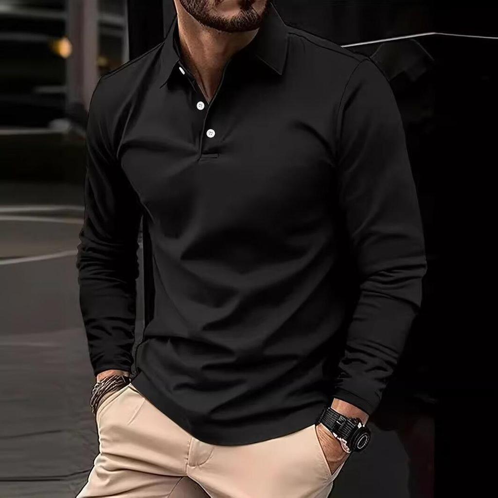 2025 European & American Spring/Fall Solid Color Men's Long-Sleeve Lapel Polo Shirt