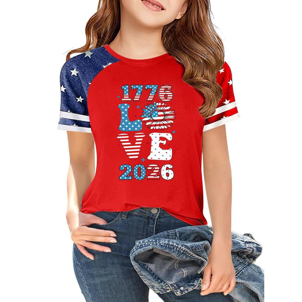Kids Independence Day Graphic T-Shirt Short Sleeve Crew Neck Casual Tee with Patriotic Print and Star Pattern Sleeves for Boys and Girls