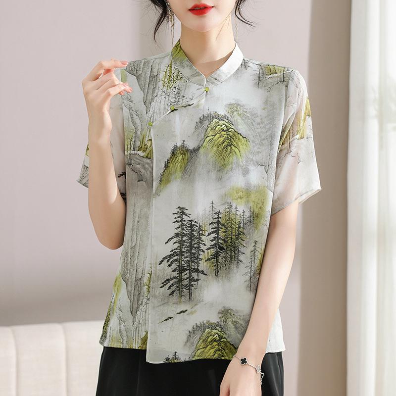Elegant Summer Chiffon Blouse for Middle-aged & Elderly Women - Short Sleeve XL