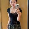 American Bow Lace Slim and Thin U-neck Front Shoulder T-shirt Summer Versatile Niche Pure Desire Top Ins