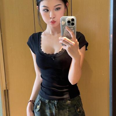 American Bow Lace Slim and Thin U-neck Front Shoulder T-shirt Summer Versatile Niche Pure Desire Top Ins