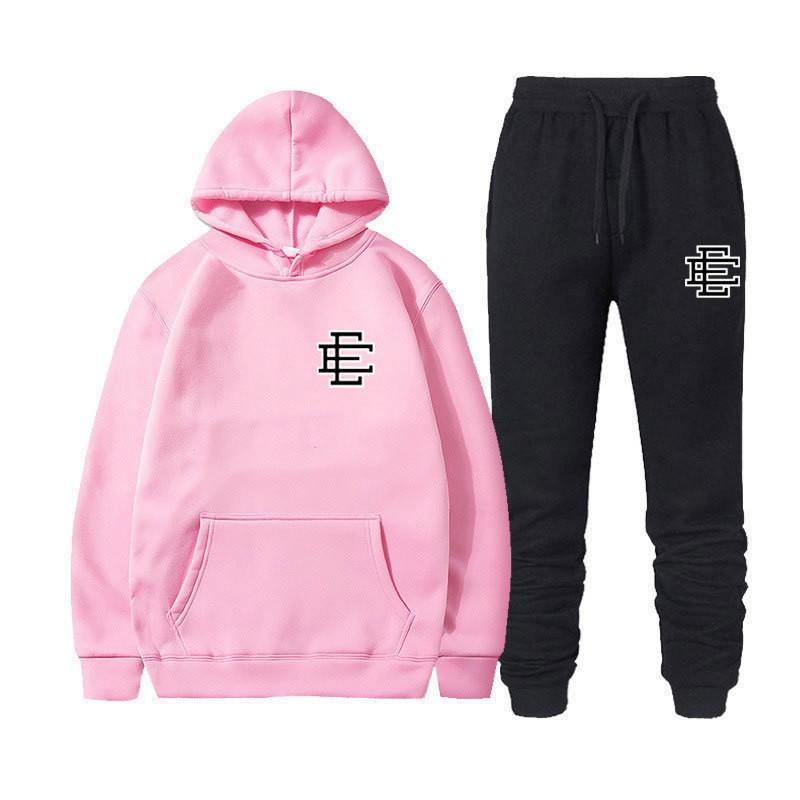 Unisex Casual Hooded Fleece-Lined Sweatshirt Pants Set Sporty Solid Color Outfit Fall