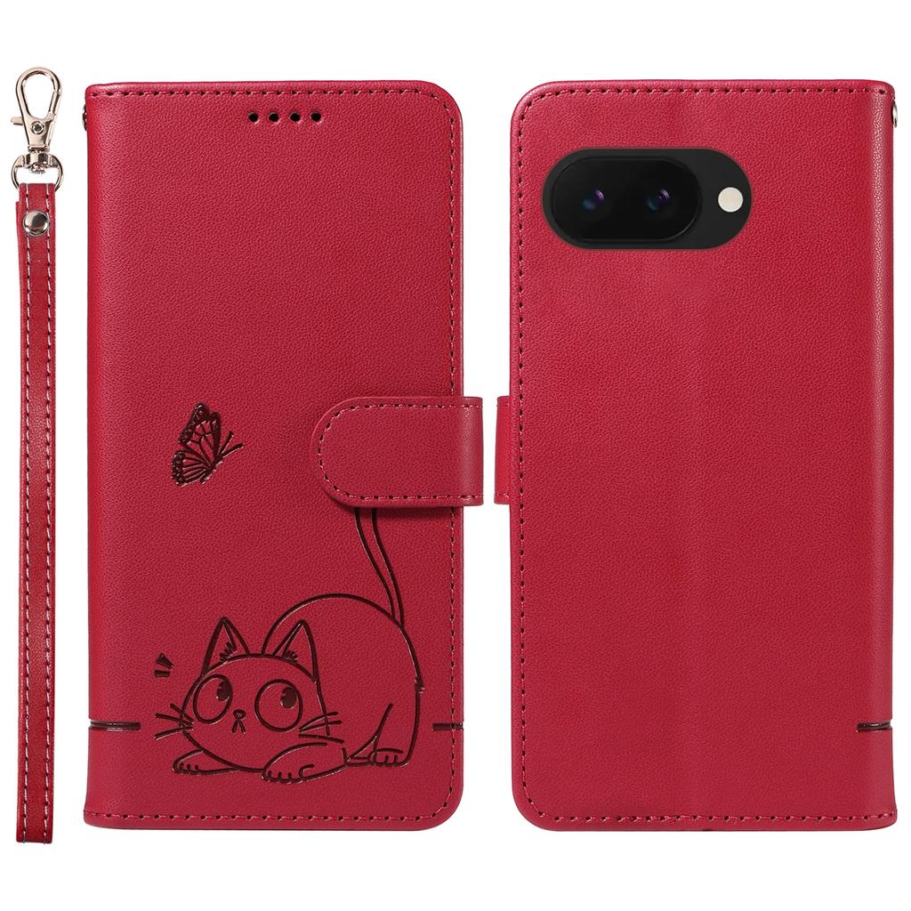 For Google Pixel 9a Lommebokdeksel Kattemønster Pregnet Lær Telefondeksel med Håndleddsstropp
