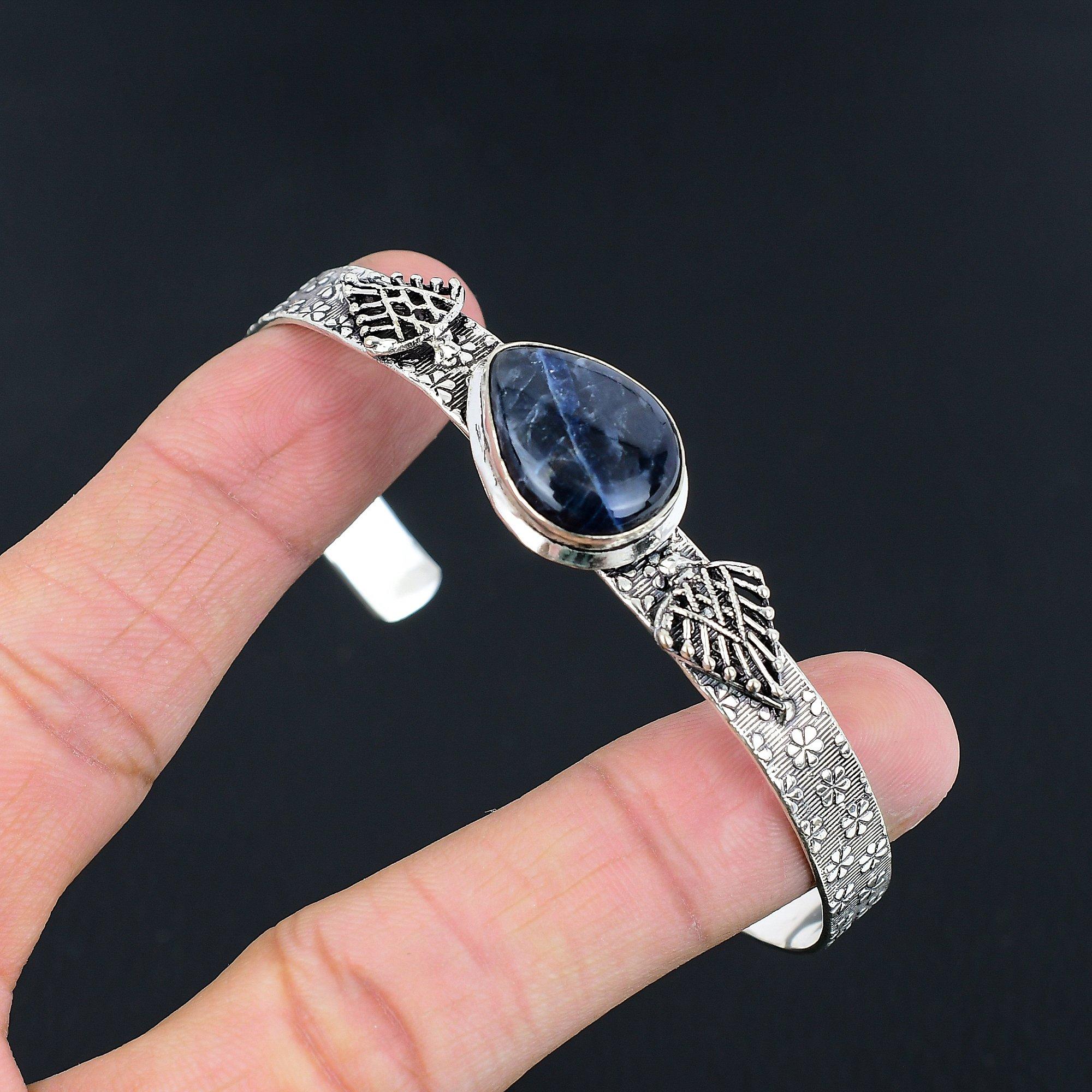 

Gift For Women Bangle Adjustable 925 Sterling Silver Natural Sodalite Gemstone Adjustable