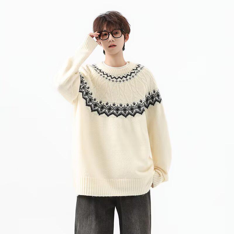 

Retro Fair Isle Men s Sweater: Vintage American Style, Loose Fit, Round Neck for Autumn and Winter. XL бежевий