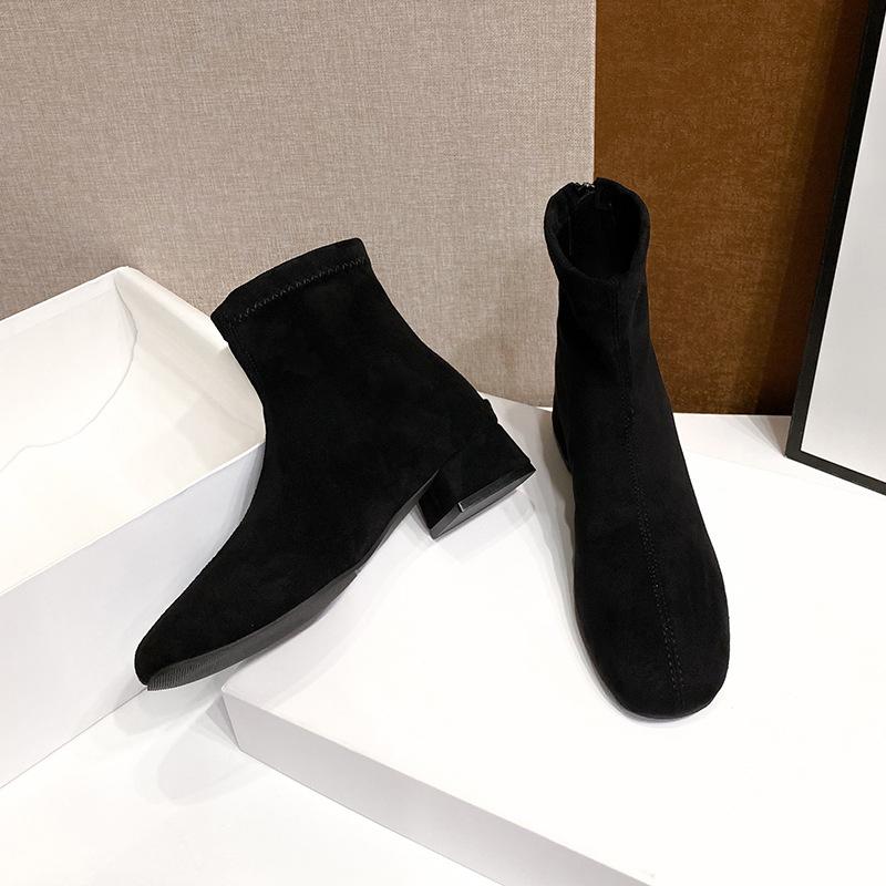 

2025 autumn and winter new women s fashion boots French thick heel thin boots rear zipper suede square head short boots 35 чёрный
