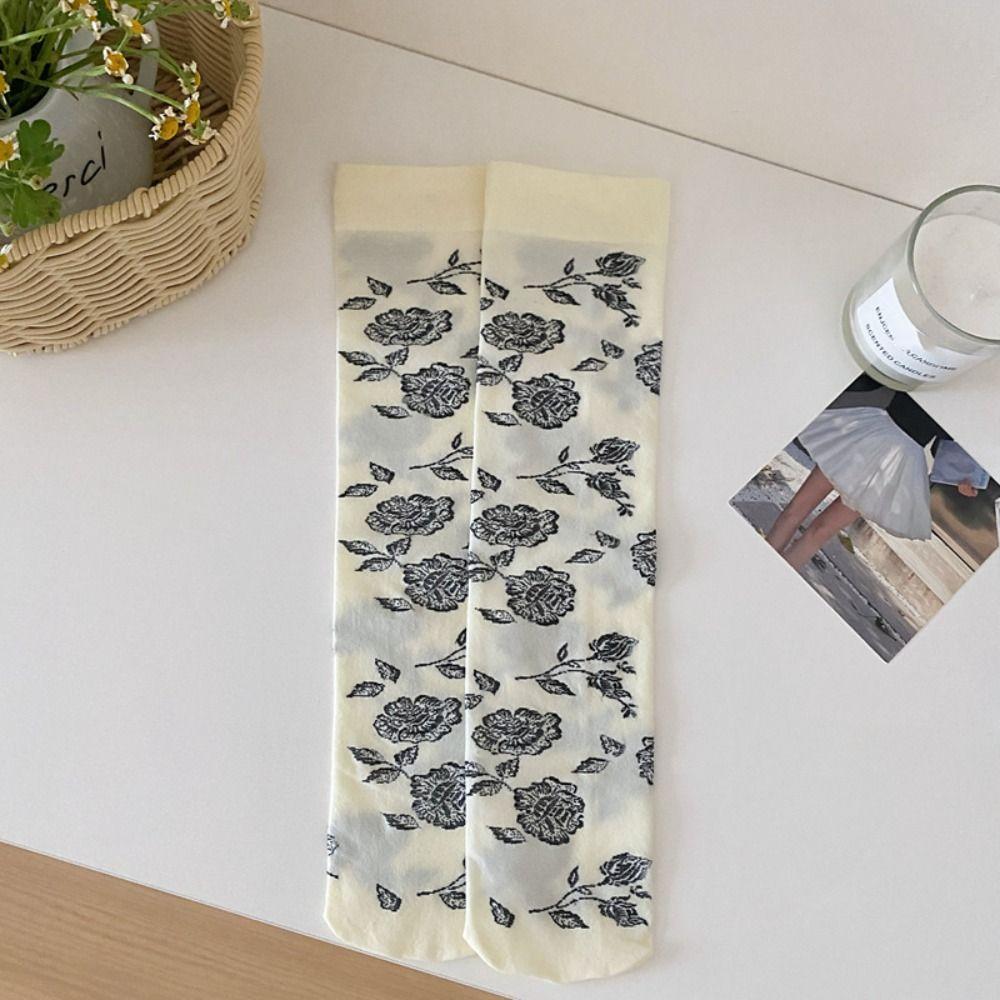 2Pairs Streetwear Retro Rose Stockings Lolita JK Mid Tube Long Socks Sweet Flower Stockings  Summer