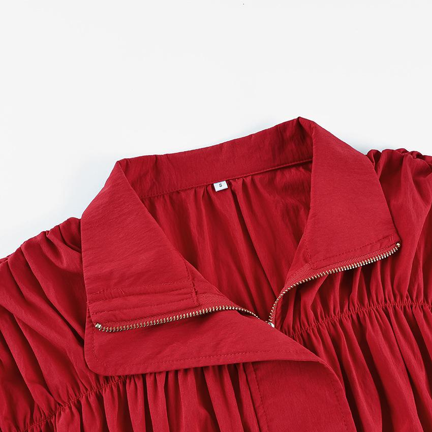 Women's Red Ruched Jacket 2026 Autumn Stand Collar Zip Front Drawstring Hem Long Sleeve Cropped Windbreaker Streetwear Casual Outerwear for Women