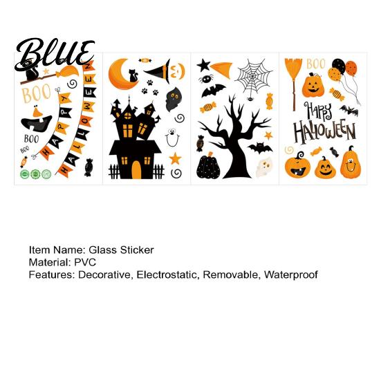 Halloween Window Stickers 4 Sheets Electrostatic Glass Stickers Cartoon Pumpkins Castle Bats Decals PVC Waterproof Static Clings for Windows