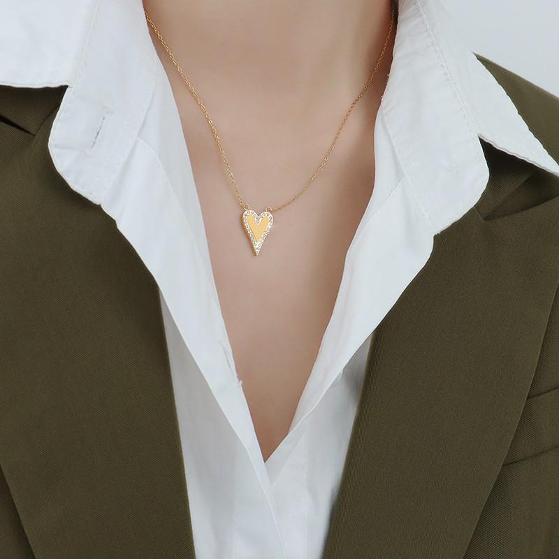 Korean Zircon Peach Heart Pendant Necklace in 18K Gold-Plated Titanium Steel
