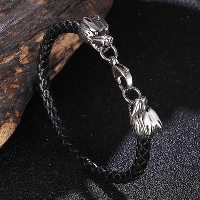 Viking Wolf Head Bracelet Stainless Steel Leather Bracelet Charm Bracelet BB1093