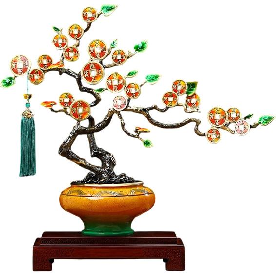 Aris & Juno Chinese Feng Shui Money Tree Decoration Set - Yuan Bao Zhao CAI Figurine with Brass Money Tree and Yuan Bao for Home Office Decor,