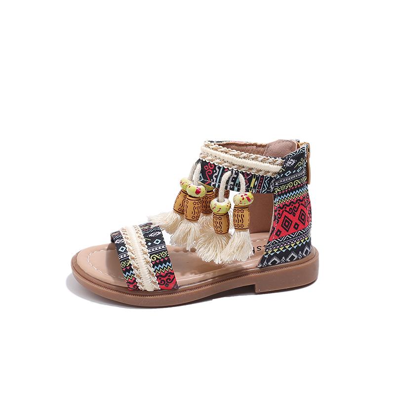 Sandalias Étnicas Retro para Niñas Sandalias Gladiador Infantiles Zapatos de Princesa con Borlas de Moda para Niños Transpirables Antideslizantes
