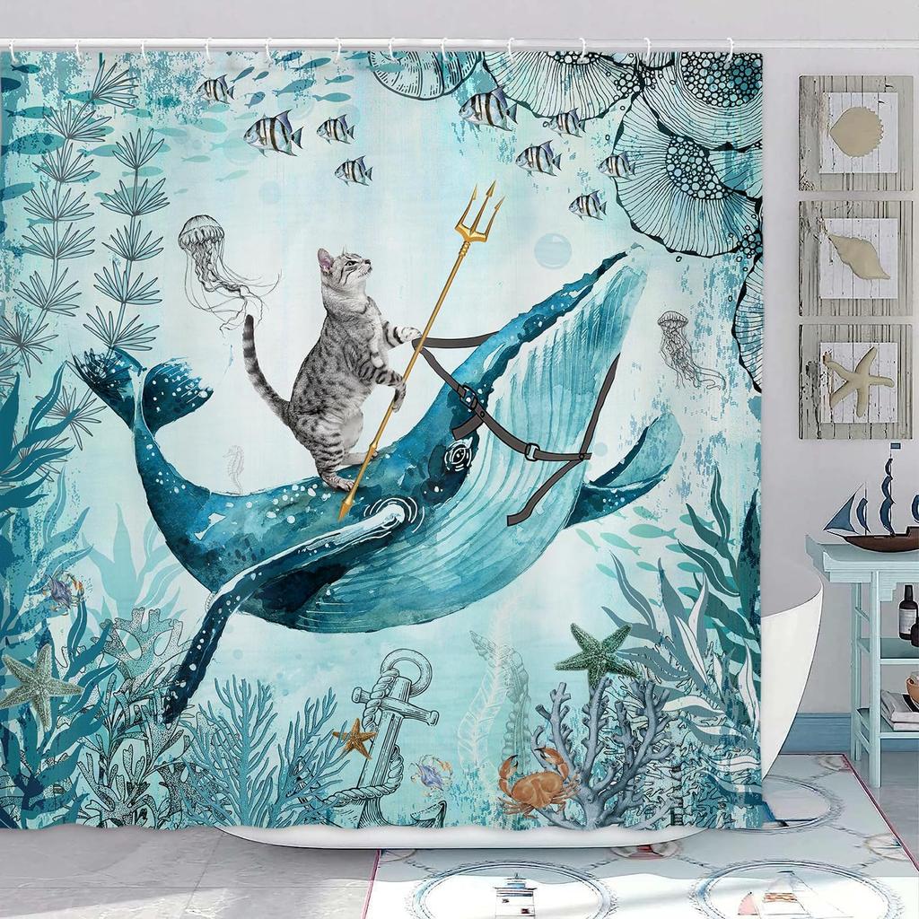 Fantasy Katze reitet Dinosaurier Wasserdichter Duschvorhang - Sternennacht Wellenkunst für eine einzigartige und verspielte Badezimmerdekoration