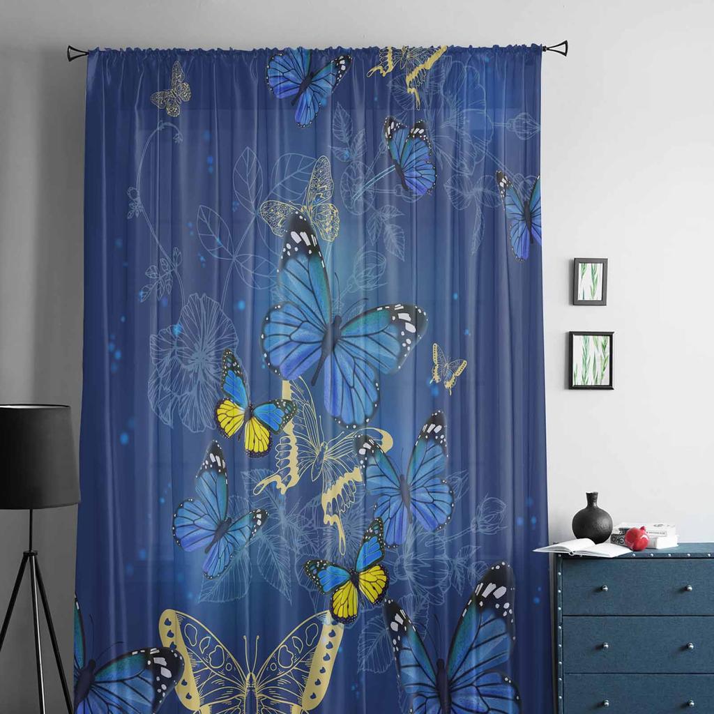 Butterfly Flower Blue Window Tulle Curtains for Living Room Bedroom Hotel Luxury Decoration Sheer Curtains