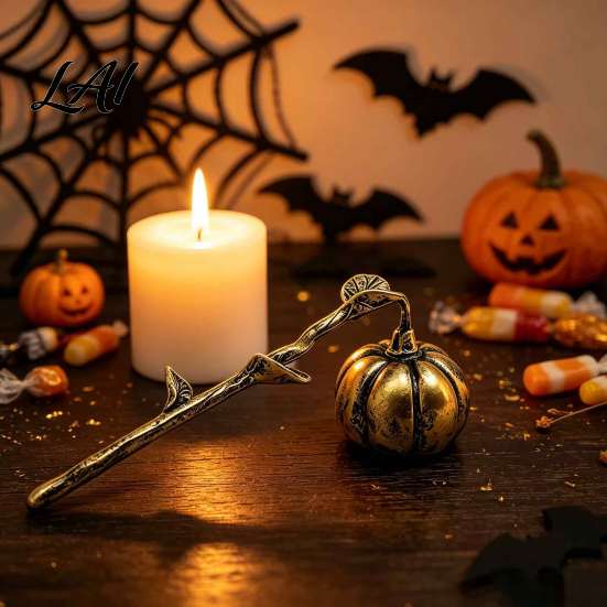 Aged Metal Candle Snuffer Pumpkin with Long Handle Halloween Theme PET Accessory Extinguisher Decorative Wick Stopper for Home Table Decoration