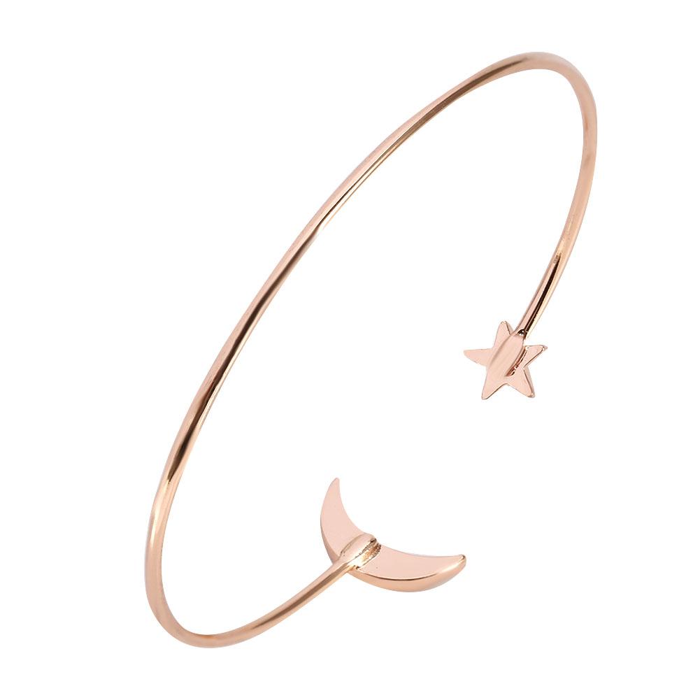 Female Open Bracelet Copper Plating Wristband Bangle with Moon Star Decoration (Gold)