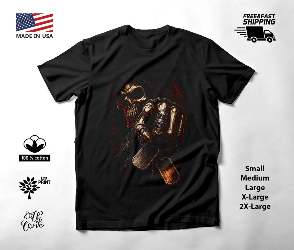 Pointing Skull with Military Dog Tags T-Shirt Black Unisex S-2XL