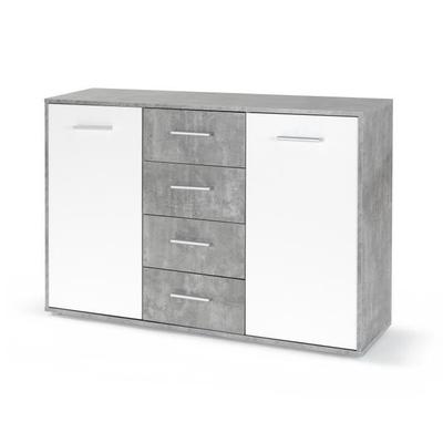 PILVI Low Sideboard - 2 Doors and 4 Drawers - White and Light Concrete - L 122.6 X D 34.2 X H 81.1 Cm