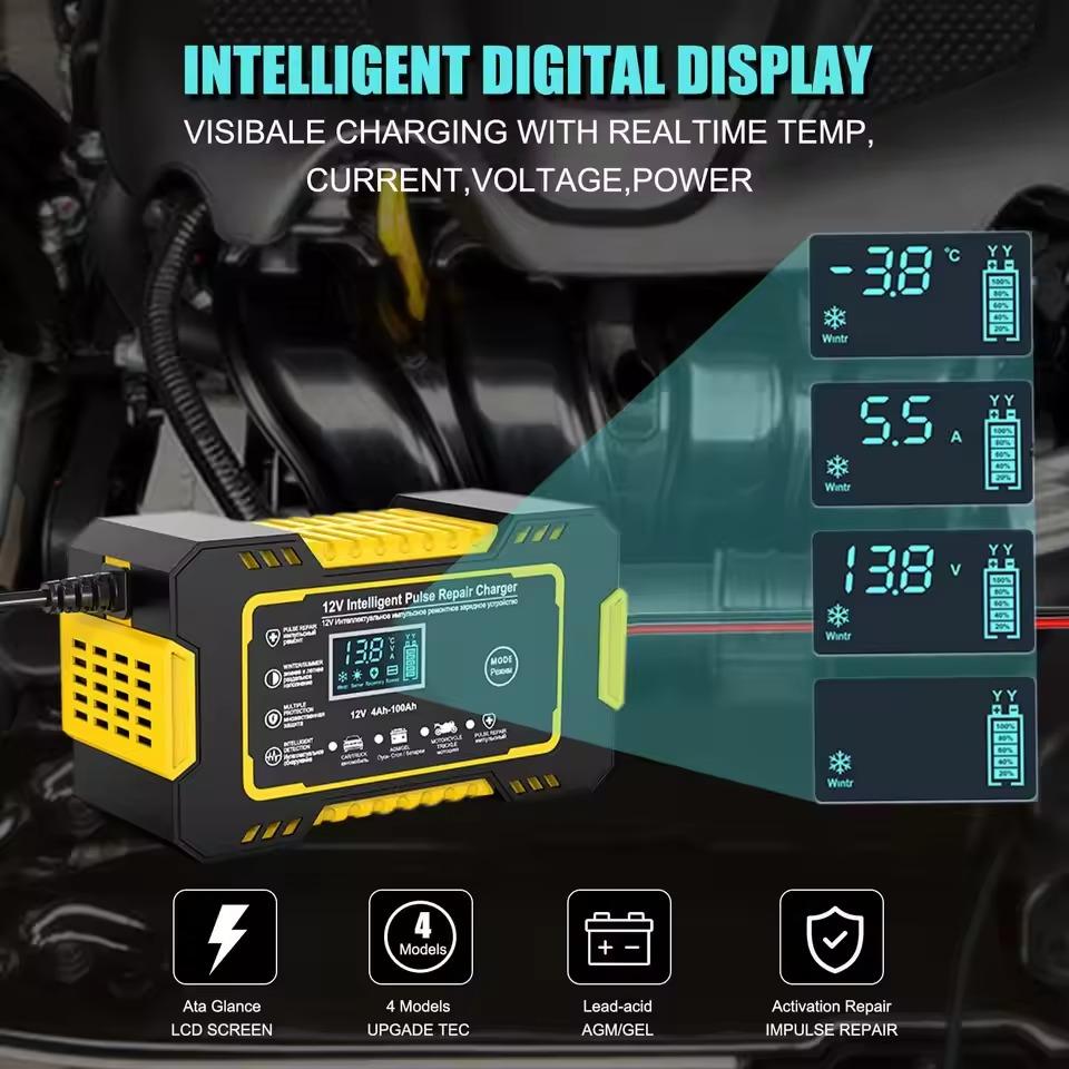 12V 6A Full Automatic Car Battery Charger Digital Display Battery Charger Power Puls Repair Chargers Wet Dry Lead Acid