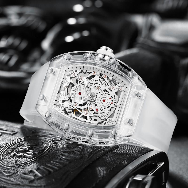 Transparent Barrel-Shaped Automatic Mechanical Watch Men With Luminous Hands 44mm Alloy Case 30M Waterproof Silicone Strap