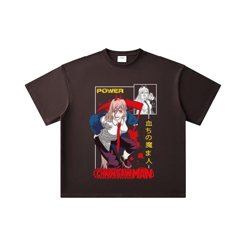 T-shirt Unisex Pesante in Cotone 260 GSM Filato Doppio Titolo 32 100% Cotone Chainsaw Man V40 Stampa Potente
