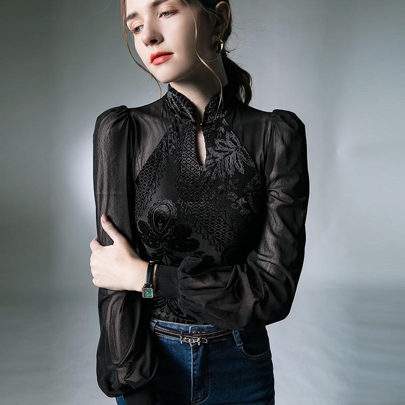 Retro European-Chinese Mesh Lantern Sleeve Blouse: Trendy Autumn Slim Fit