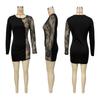 European and American women's dress round neck long sleeve hollow lace sleeve splicing slim fit