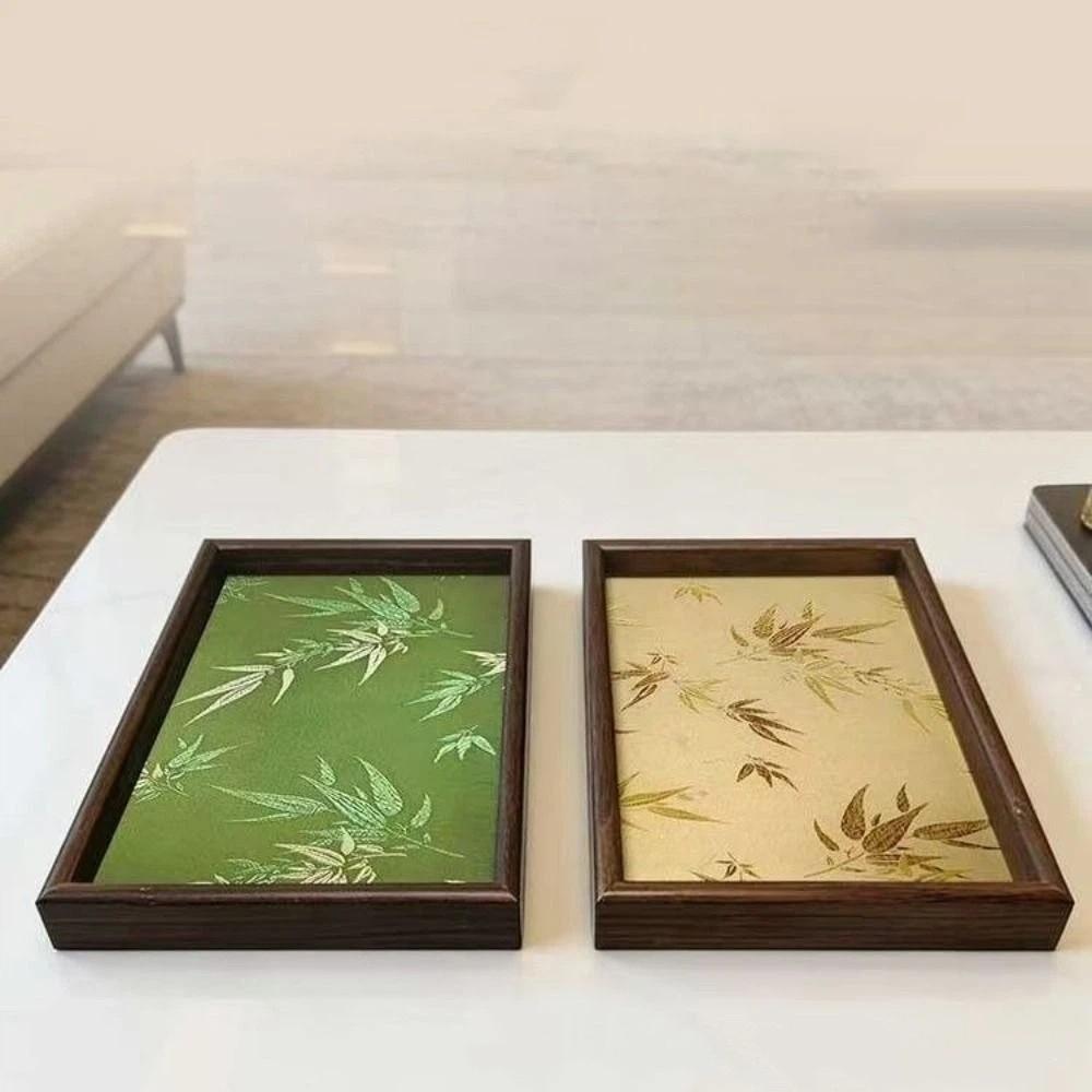 Wooden Bamboo Shadow Embroidered Tray Large Capacity Decorative Rectangular Storage Tray Space Saving Chinese Style
