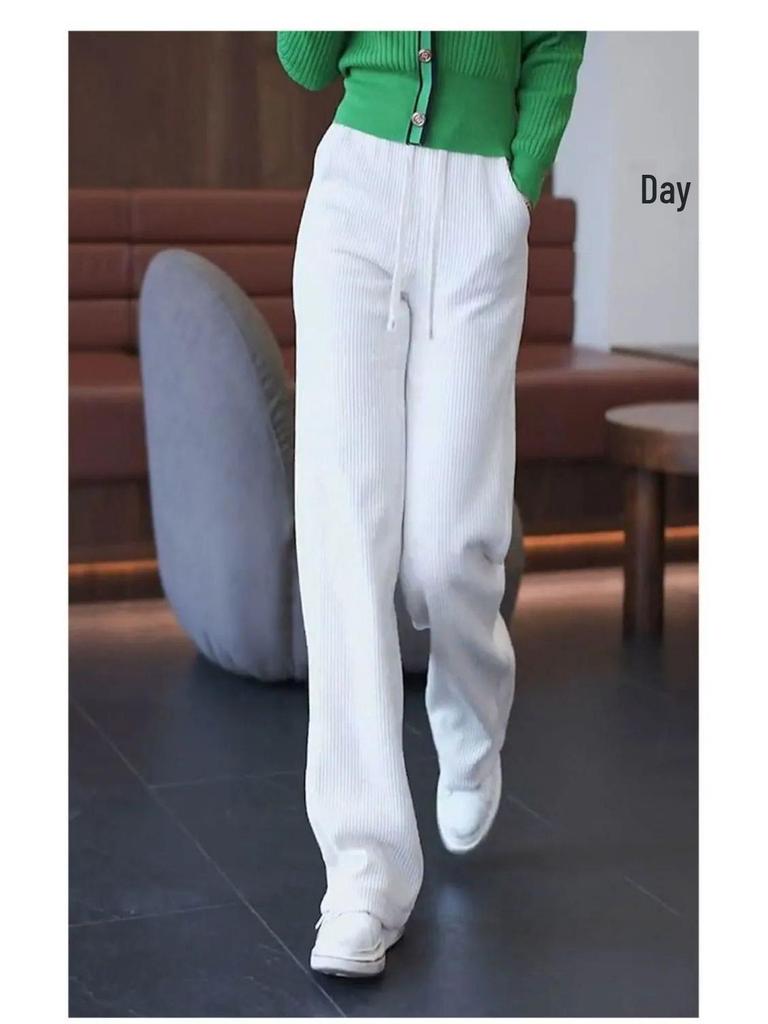 Women's Black Corduroy Wide-Leg Pants with Fleece Lining for Autumn/Winter 2025