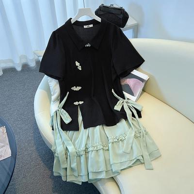 New Chinese-style Women's Plus-size Button-up Top and Skirt Set for Summer