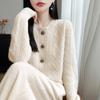 2026 Autumn/Winter Women's Pure Wool Cable Knit Cardigan Sweater - Thickened, Round Neck, Long Sleeve