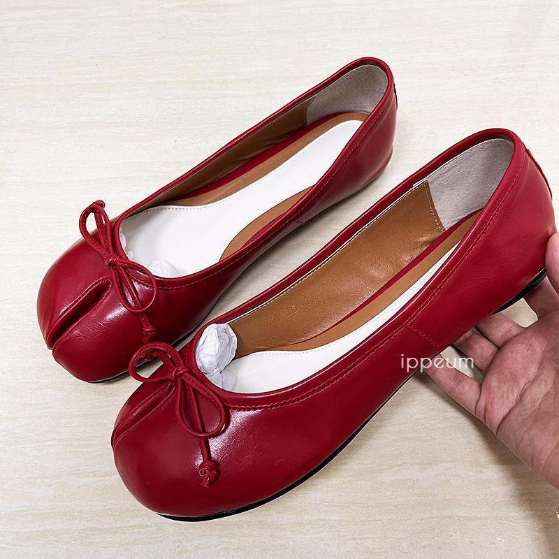 Mode IPPEUM Ballerinas Damen Zehentrenner Schuhe Übergröße 44 Schwarzes Leder Mary Janes Schmetterlingsknoten Ballerinas Zapatos mujer