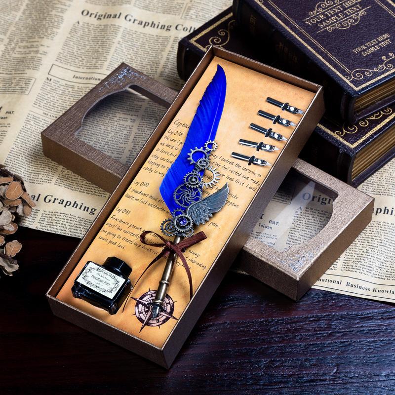 Retro Mechanical Calligraphy Feather Pen and Ink Set Glittering Quill Pen with Antique Dip Pen Metal Calligraphy Set with Ink