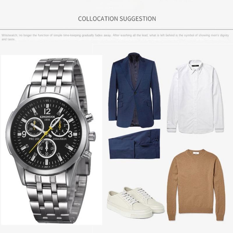 KINGNUOS Ultra Slim 3-Augen-6-Zeiger-Stahlarmband, wasserdichte Stahlarmbanduhr, blaue Glasuhr