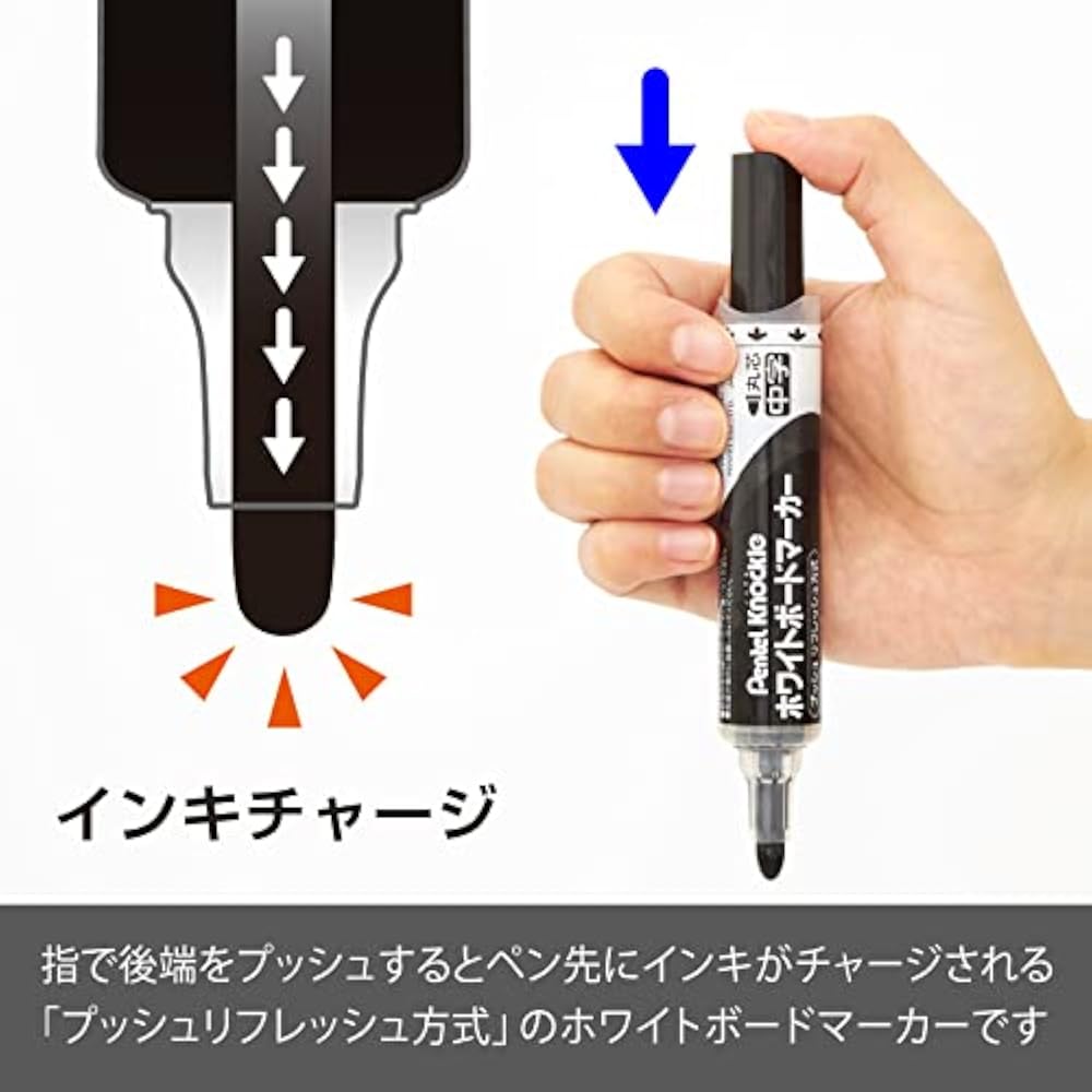 Pentel Whiteboard Marker Knocks, Round Core, Medium, EMWLM-A, Black, 10 Pcs