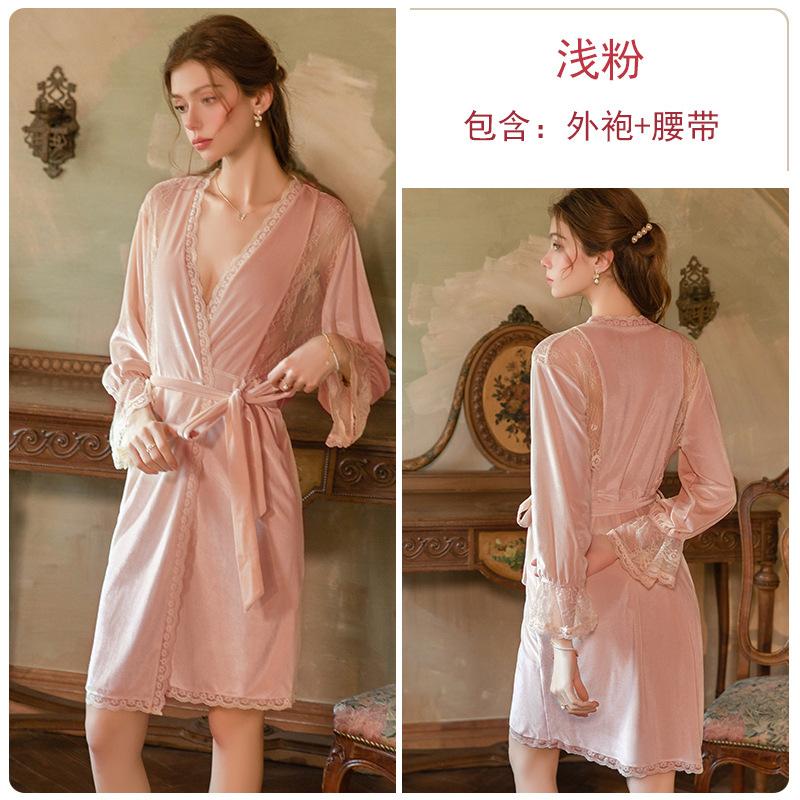 Women's French Velvet Lace Push Up Removable Pads Sleep Dress with Robe Lounge Set